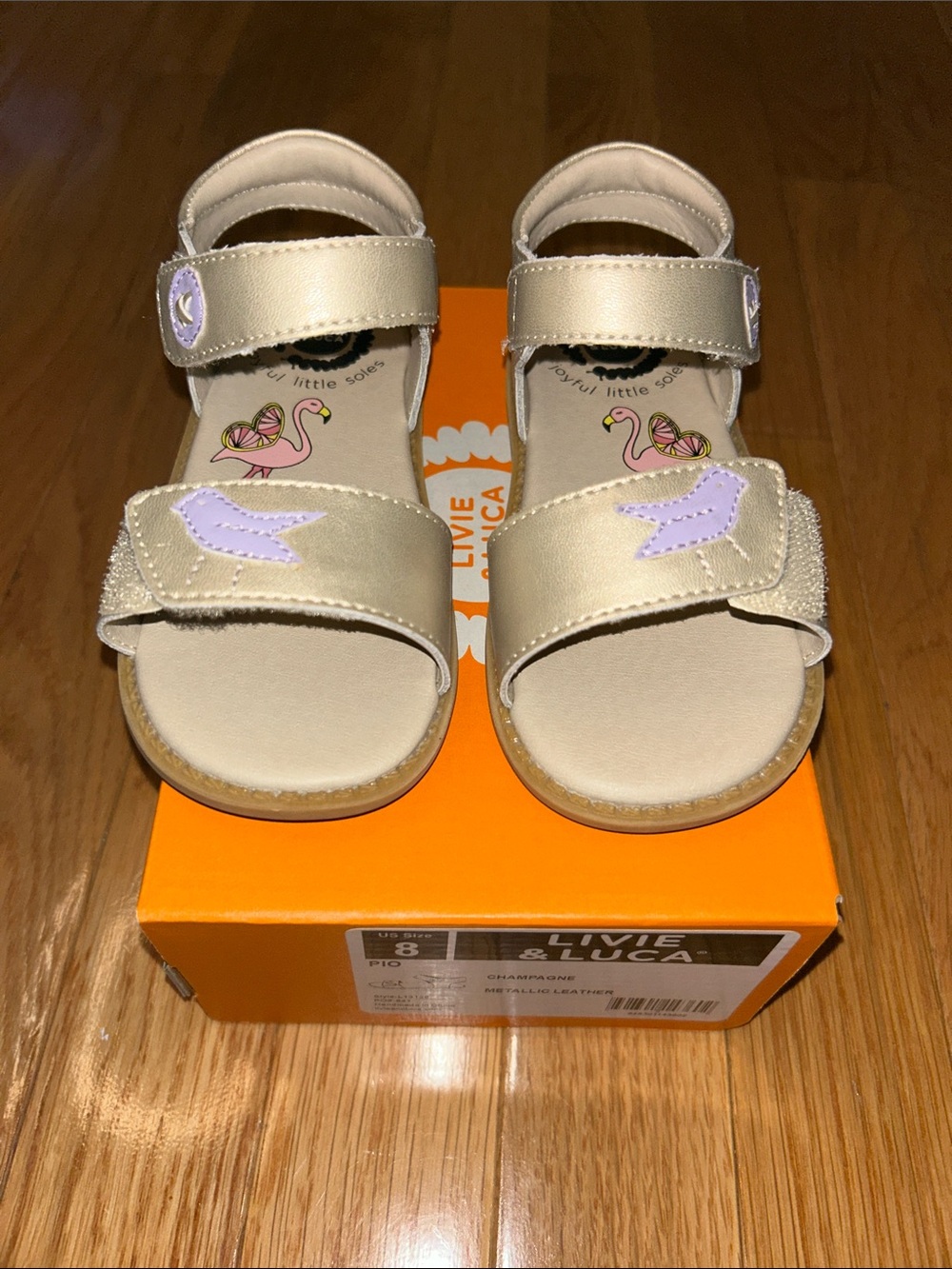 Livie & Luca Champagne Sandals with Lilac Bird Accent Size 8